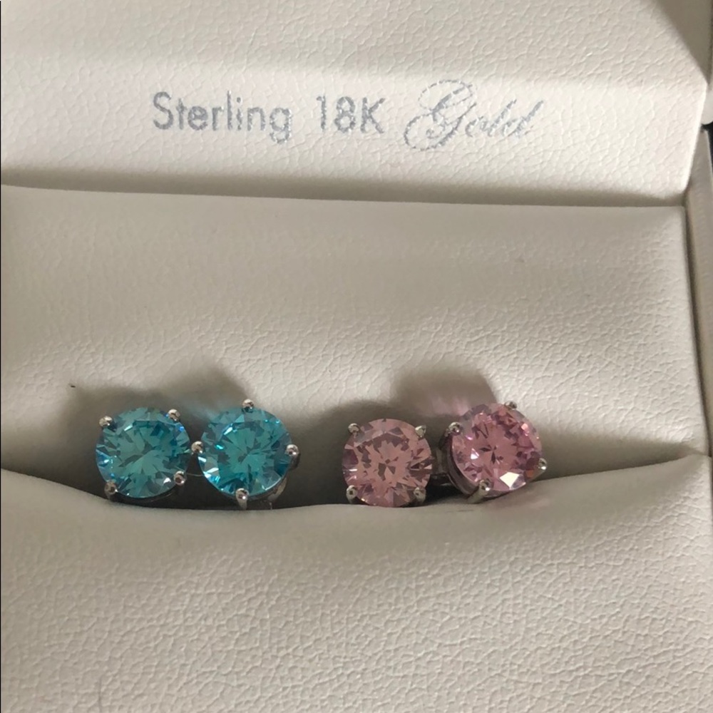Two pair of Bright blue and pink crystal studs